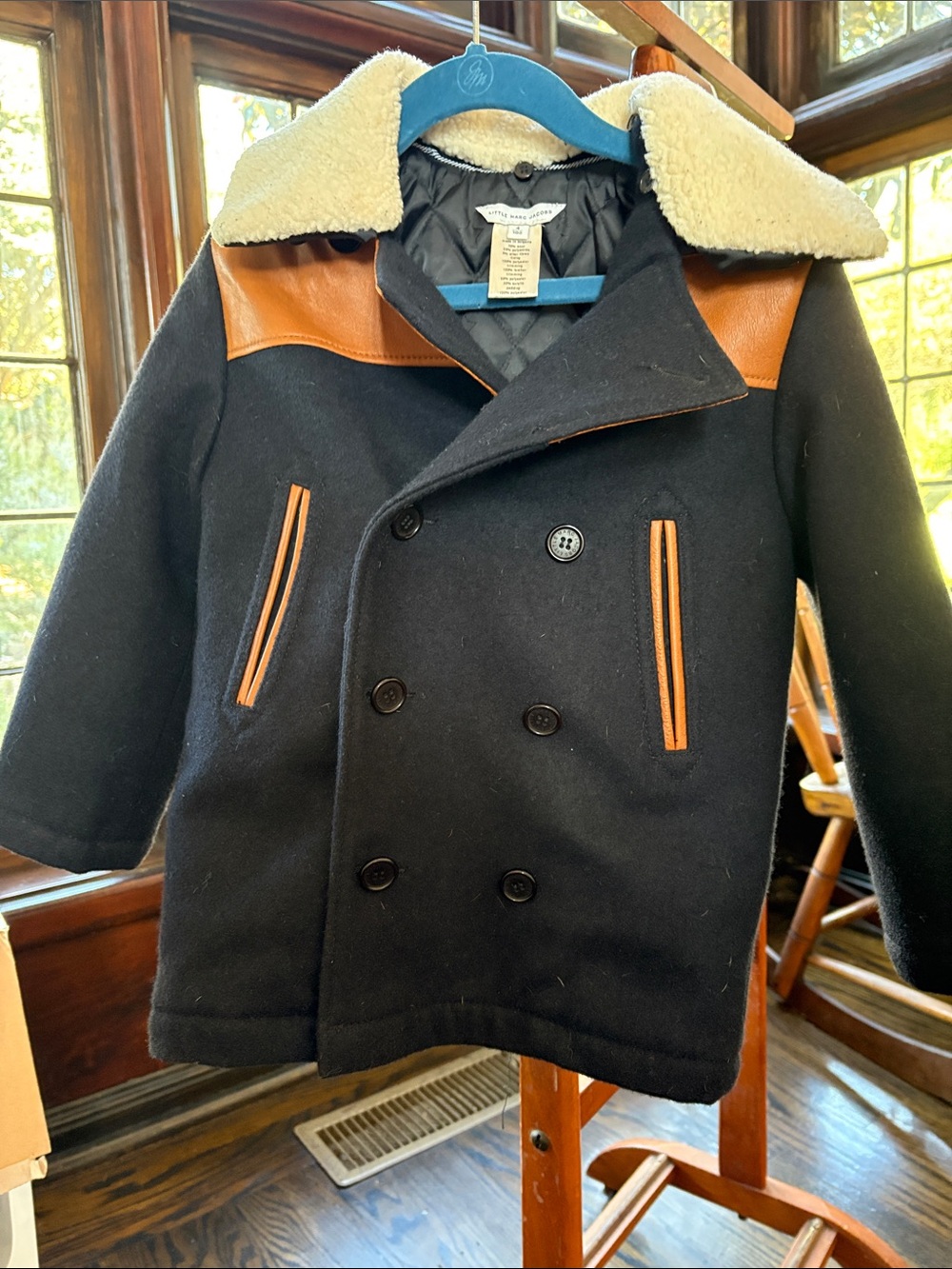 Little Marc Jacobs Navy Pea Coat with Tan Trim and Cream Sherpa Collar